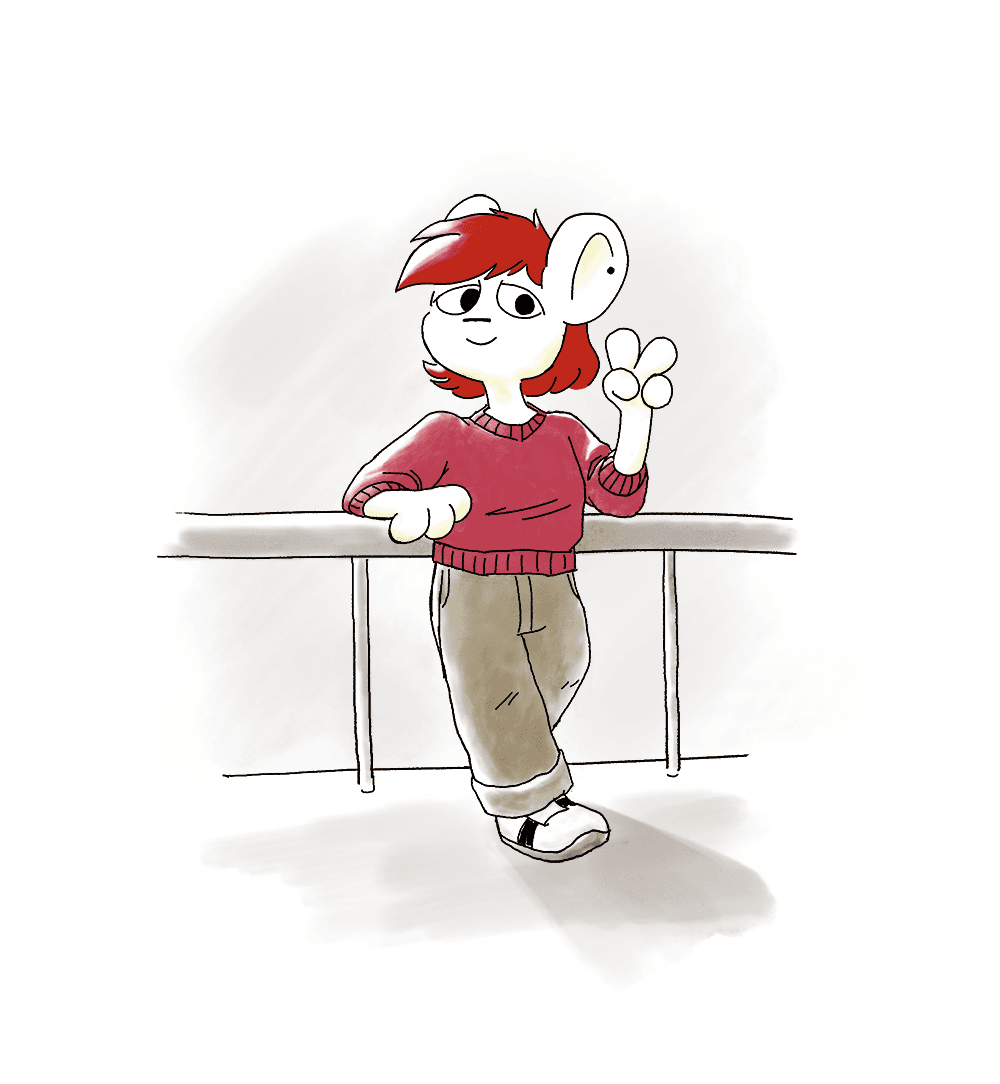 a sketchy digital painting of Autumn from Nothing Doing, younger, with a big sweater and a fully red mullet, leaning against a pole. The lighting is similar to game boy era pokemon artwork by Ken Sugimori, though i could have been braver with the big white areas.