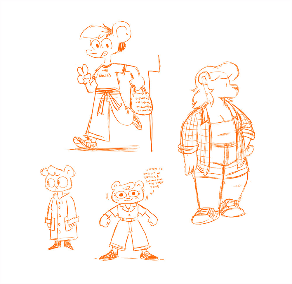 a drawing of Autumn, Summer and Jeanie from Nothing Doing in different outfits. Autumn is wearing a t-shirt and long jeans, holding a “THANK YOU” shopping bag and doing a peace sign. Summer is relaxed in a tank top and jean shorts with a flannel. Jeanie is wearing a raincoat and boots in one drawing and a jumpsuit with sneakers in another, labeled “invited to hang out with Summer and Autumn for the first time”