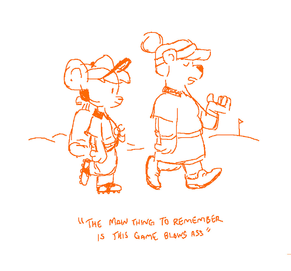 a sketchy single-panel comic of Autumn and Summer in golf outfits walking across a golf course. Summer: The main thing to remember is this game blows ass