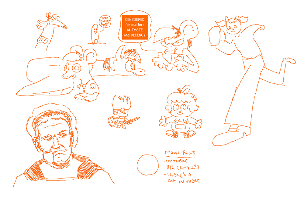 a bunch of sketches, including a sock puppet Charlie (of @mellodillo.bsky.social fame), a weird wibbly bug-eyed Autumn next to a snake with the head of Rainbow Dash, a little critter going “bebe bopbop boobee boo,” an angry Autumn saying something which has been Censoured for matters of Taste and Decency, a little Dragon Quest-ish hero guy, a kid with overall and hair that looks like an apple who is about to be kicked by a very tall smiling figure with pigtails, a list of moon facts [1. up there; 2. big (small?) 3. there's a guy in there], and Popeye as portrayed by Robin Williams in the 1980 film “Popeye.”