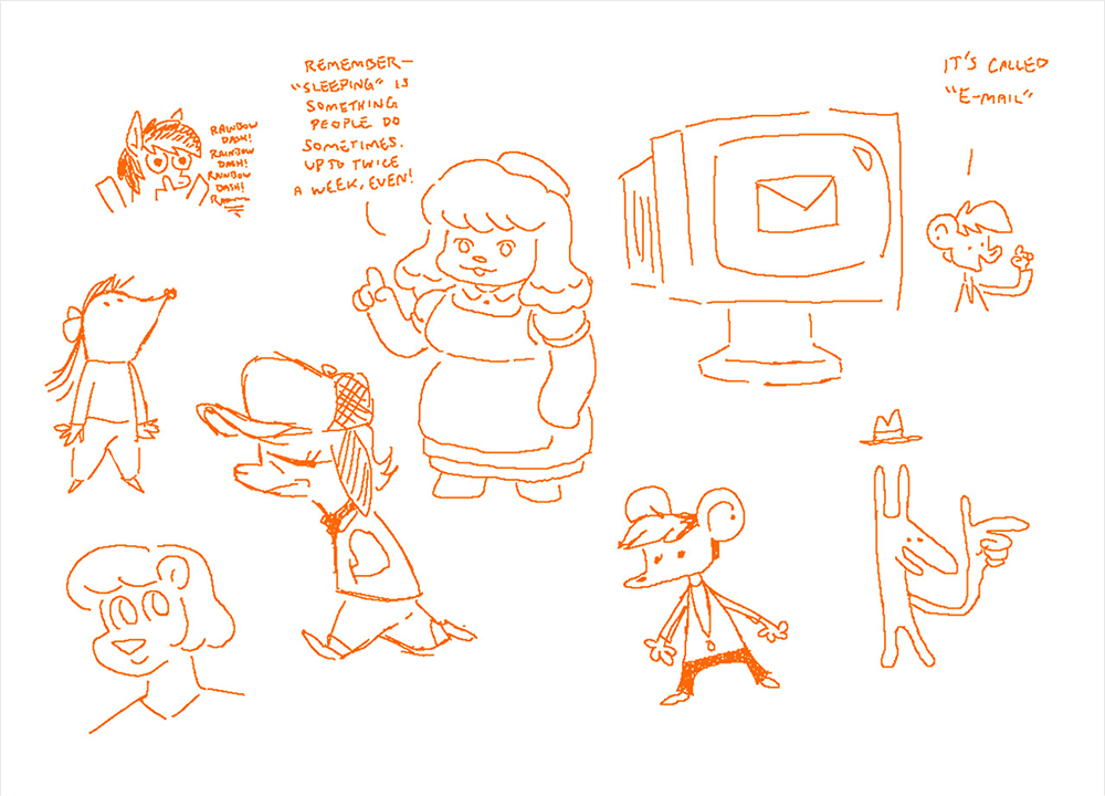 a collection of doodles including: a little Rainbow Dash head waving her arms going “Rainbow Dash! Rainbow Dash! Rainbow Dash”; a Charlie of @mellodillo.bsky.social fame looking up; a Mellow of @wascie.bsky.social going “Remember - 'sleeping' is something people do sometimes. Up to twice a week!”; a long eared tired looking critter in a trucker hat and jacket walking; a short haired Summer of Nothing Doing smiling; a scrobbly Autumn of Nothing Doing in a stance; a nondescript bunny (?) doodle pointing with a fedora floating above them; and a computer monitor with a picture of a letter on it, with a teeny Autumn saying “it's called 'e-mail'”