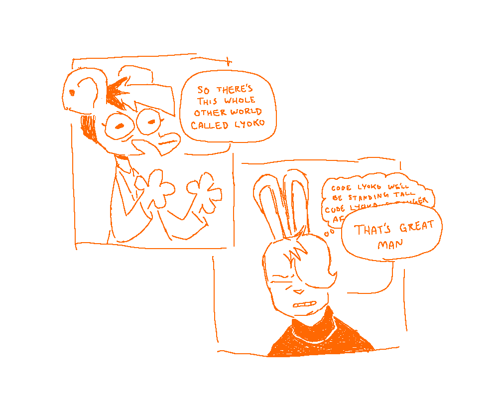 A panel of Autumn from Nothing Doing looking very muppety saying “So there's this whole other world called Lyoko” overlaid on top of another panel of Vee from Nothing Doing looking strained as they consciously suppress their remembrance of the Code Lyoko theme tune (Code Lyoko, we'll be standing tall / Code Lyoko, stronger after all) and say “That's great man”