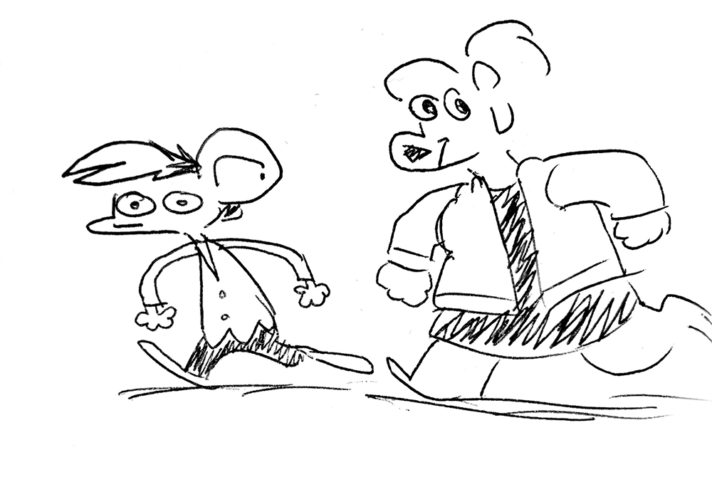 a scribbly drawing of Autumn and Summer from Nothing Doing strutting jauntily