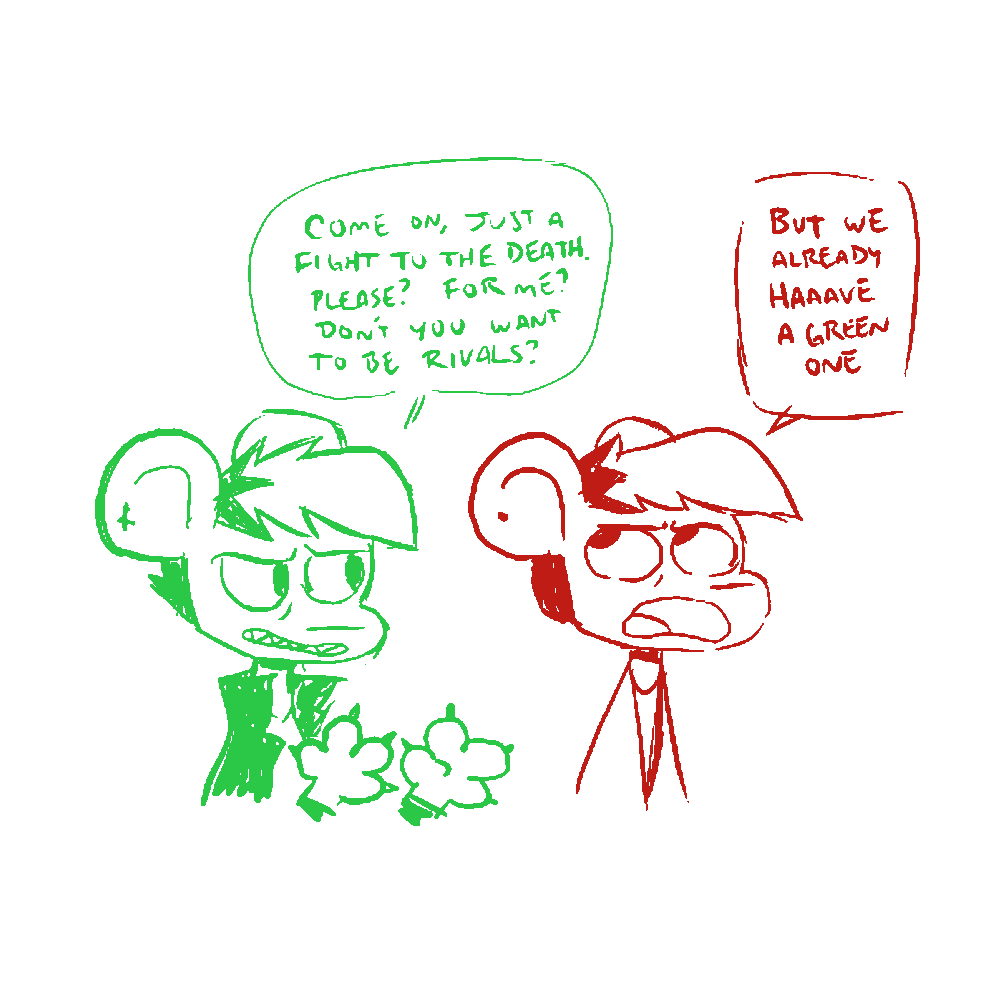 a doodle of a green evil autumn (signified by their leather jacket, sharp accessories and also by being green) pleading with autumn comma standard. evil autumn: come on, just a fight to the death. please? for me? don’t you want to be rivals? autumn: but we already haaave a green one