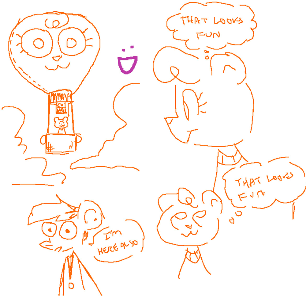 top-left: Jeanie from Nothing Doing floating in a Jeanie-shaped hot air balloon. top-right: profile view Jeanie looking at prev thinking “that looks fun.” bottom-right: Jeanie looking up at herself looking at the balloon thinking “that looks fun.” bottom-left: Autumn saying “I’m here also”