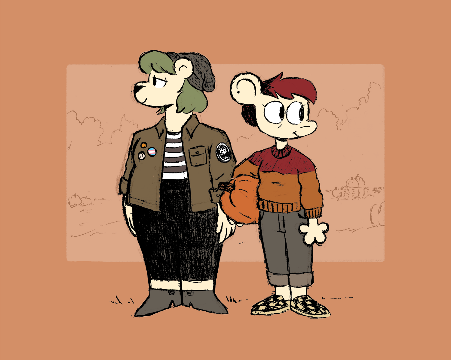 A drawing of Summer and Autumn from Nothing Doing wearing fall-weather outfits. Summer is wearing a grey beanie, a greenish-grey jacket with a skull patch, trans pride flag button and two other buttons, a striped shirt, black leggings, and grey boots. Autumn is wearing a red and orange sweater, grey jeans, and checkered slip-on shoes. She's also holding a pumpkin under her arm.