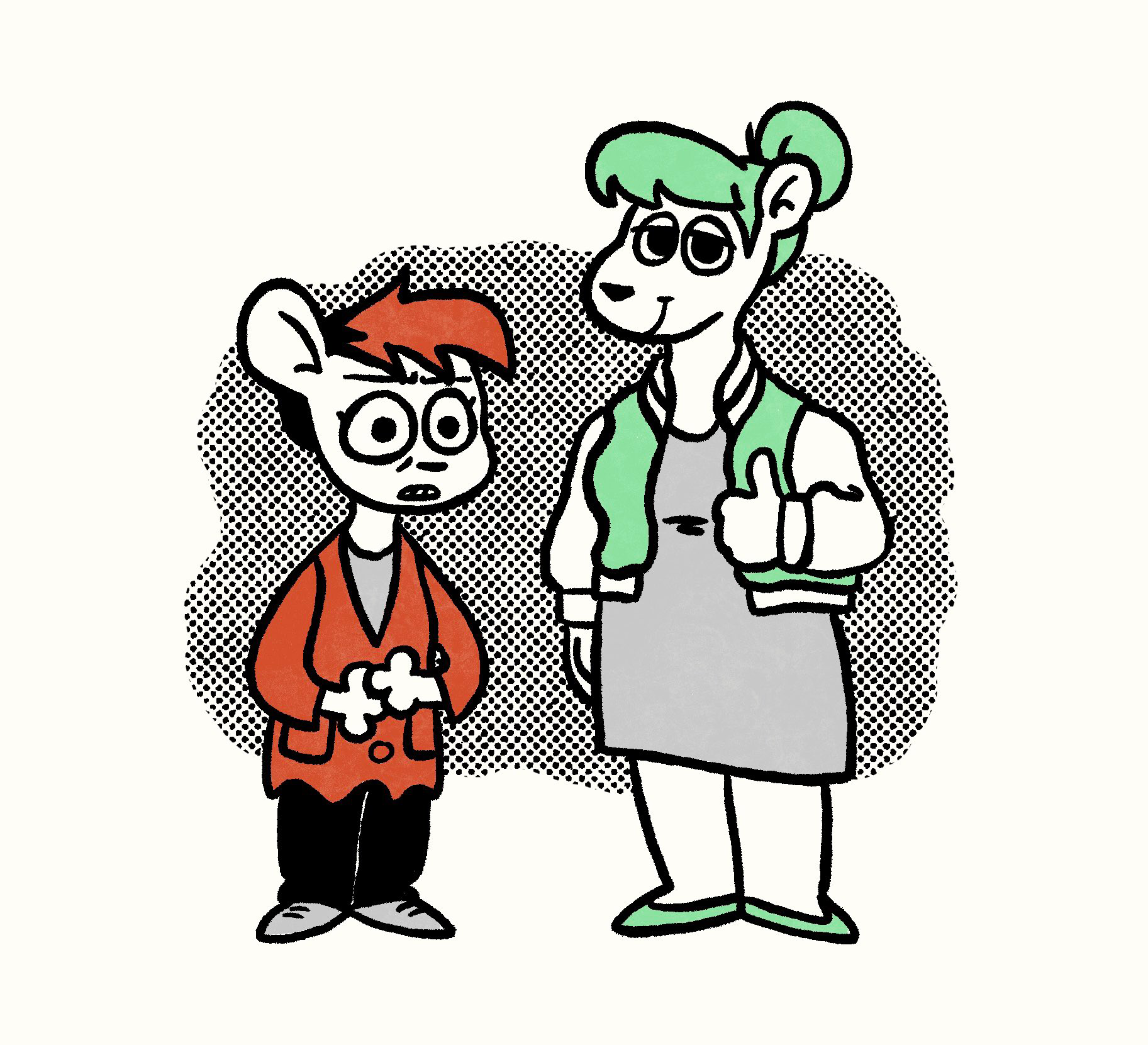 A drawing of two furry women standing in front of a blob of dots. On the left is a shorter mouse woman in a long cardigan with a nervous expression and red hair/clothing. On the right is a taller bear woman with green and hair/clothing giving a thumbs up.