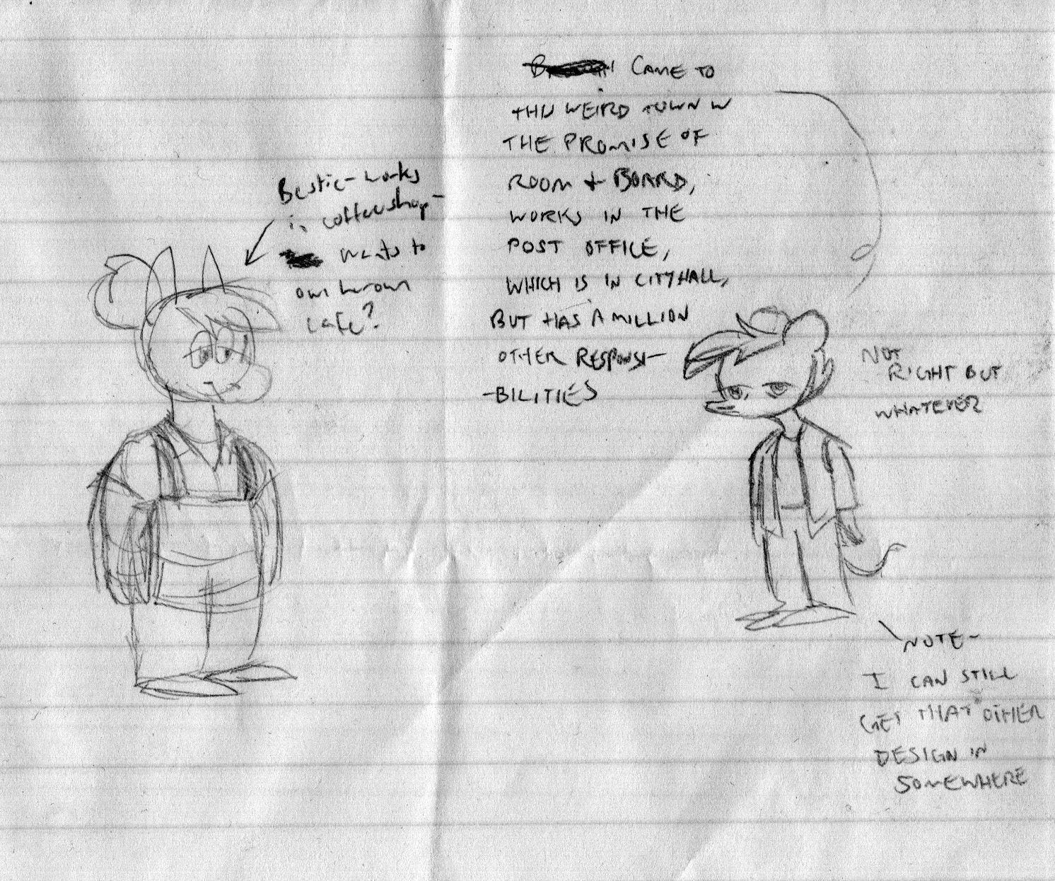 a scan of a piece of notebook paper with early drawings of summer and autumn. text by 'summer': Bestie - works in coffeeshop - wants to own her own cafe? text by 'Autumn': Came to this weird town w the promise of room + board; works in the post office, which is in city hall, but has a million other responsibilites. Not right but whatever. Note - I can still get that other design in somewhere