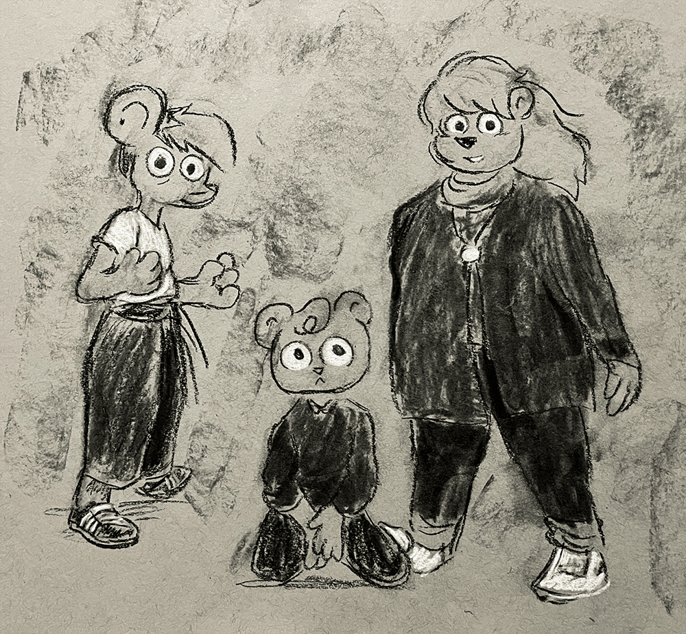 a charcoal drawing of Autumn, Jeanie and Summer dressed as the Roches on the back of their debut album