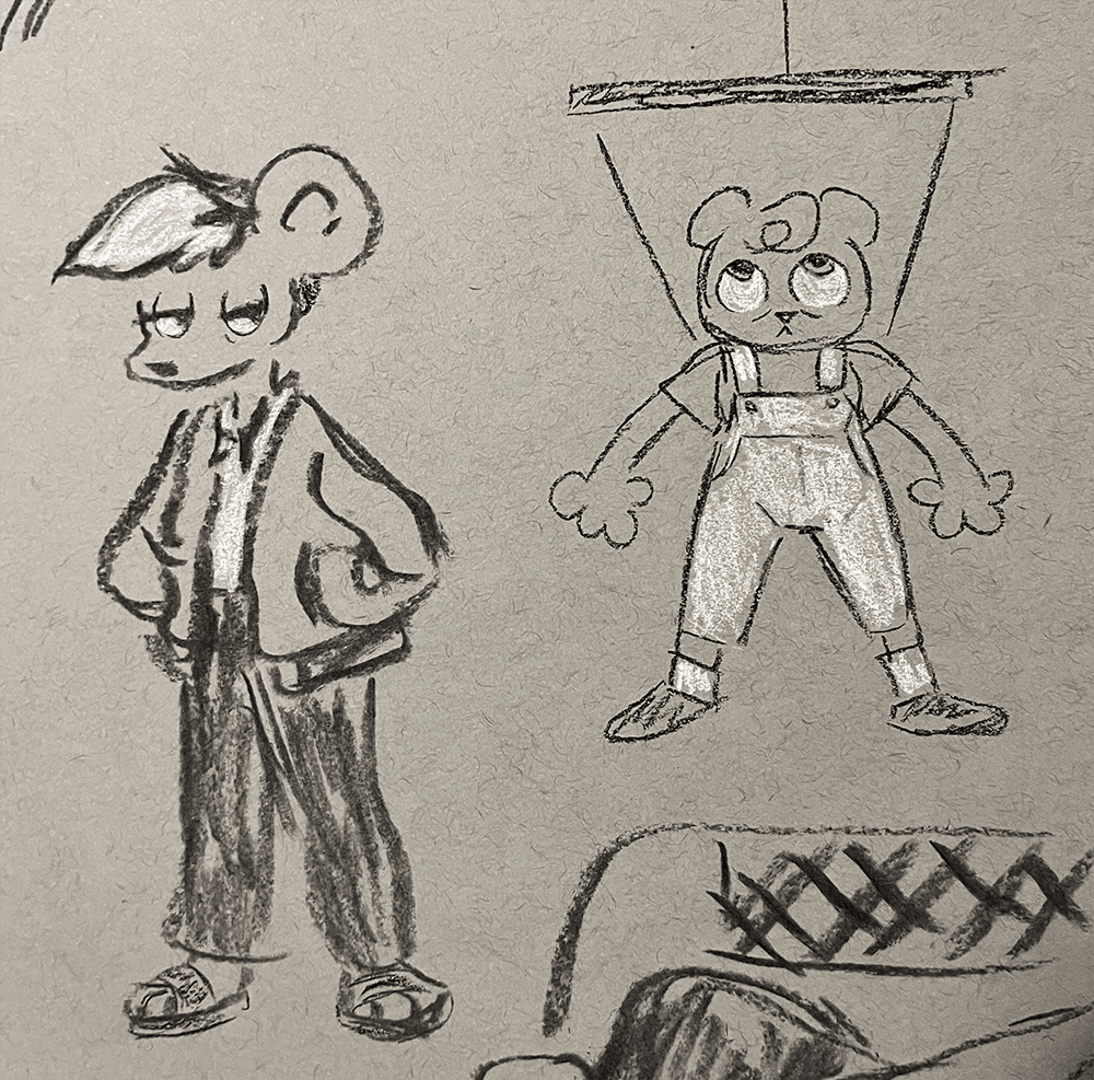 charcoal drawings of Autumn and Jeanie from Nothing Doing. Autumn is wearing a loose sweater and sandals and looking vaguely cool. Jeanie is wearing overalls and getting pulled up by a harness. It’s fine.