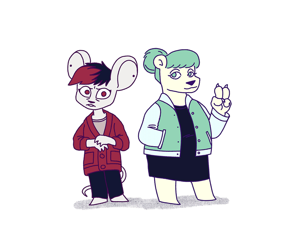 A style study featuring Autumn and Summer from Nothing Doing, drawn in imitation of Scornhorn maker @wascie.bsky.social. Autumn looks nervous while Summer smiles serenely and makes a peace sign.