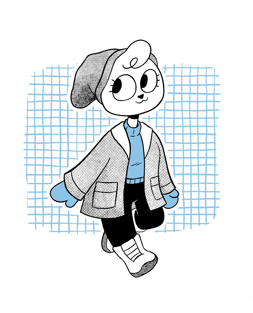 Jeanie from Nothing Doing prancing along in front of a wobbly blue grid background, wearing a long gray coat with white collar, a blue turtleneck, blue mittens, black leggings and a gray beanie as well as some wintery-looking boots
